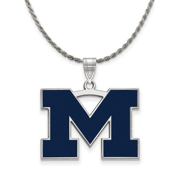 Sterling Silver U. of Michigan Large Blue Enamel 'M' Necklace - 20 In